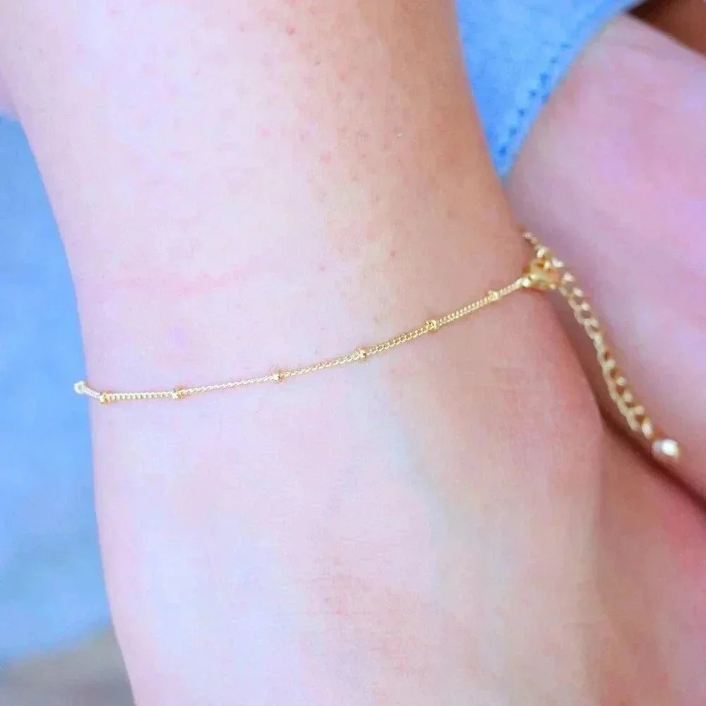 💛GORGEOUS ROUNDED BEADS ANKLET ESSENTIAL CHAIN SOLID GOLD BRACELET, ELDM22337